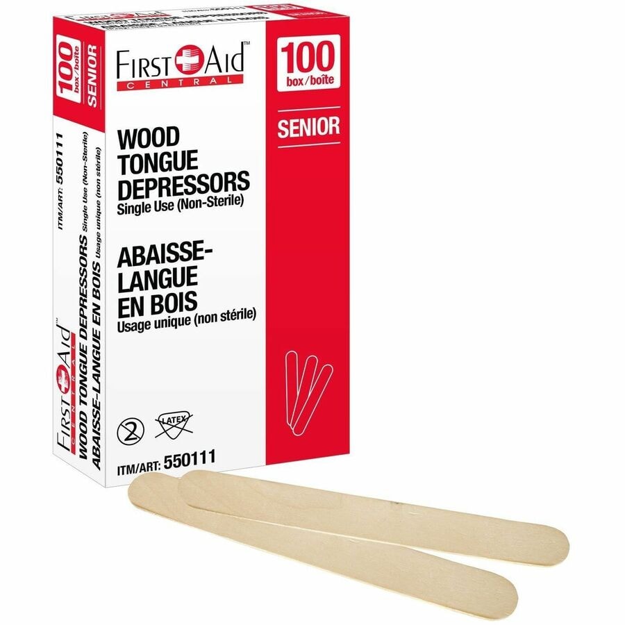 Abaisse-langues en bois non stériles de marque First Aid Central - Boîte de 100
