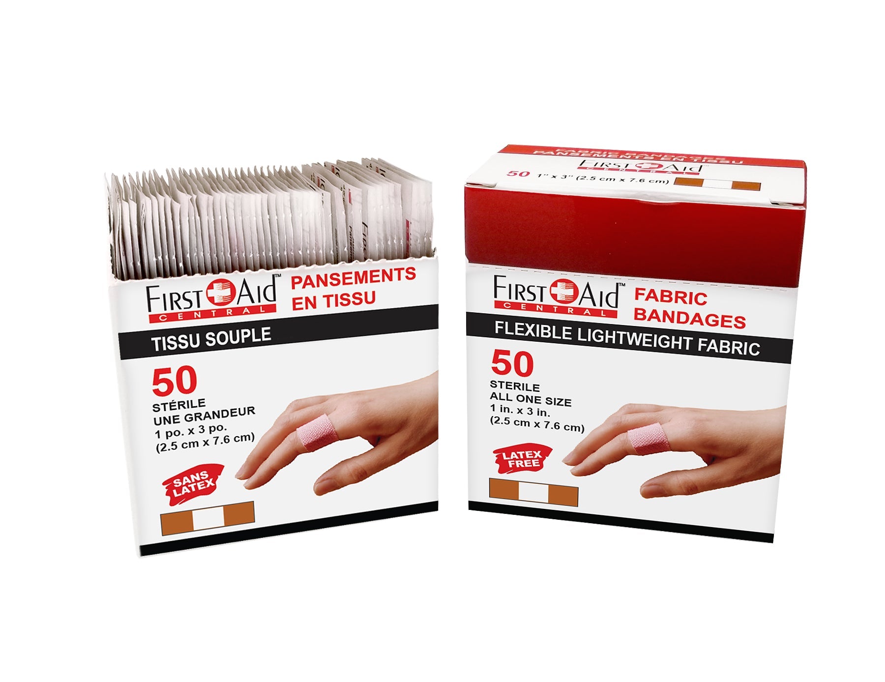 Pansements adhésifs en tissu léger et flexible - 1 po x 3 po (boîte de 50)