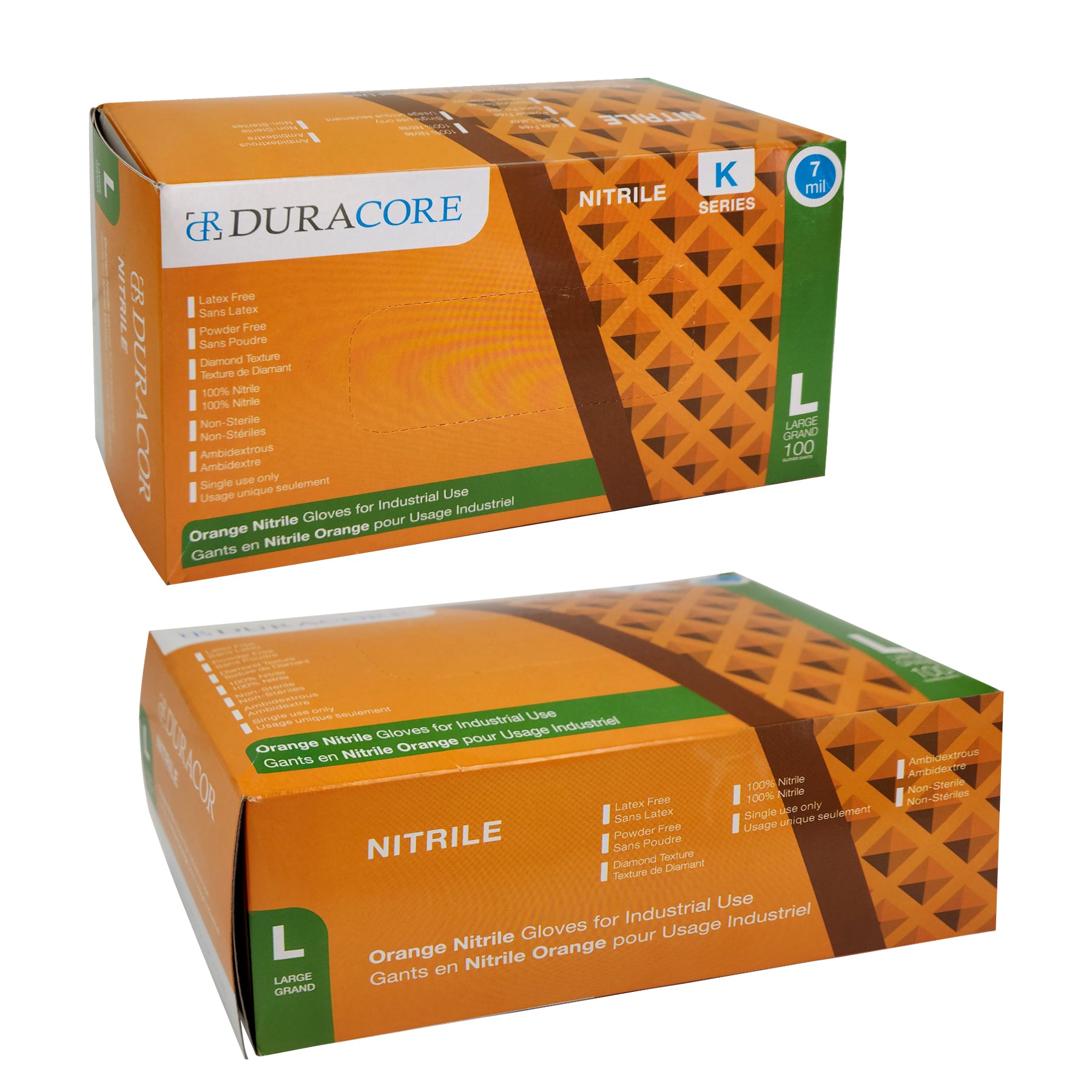 DURACORE, Gants texturés en nitrile orange, sans poudre, 7 mil, moyen (boîte de 100)