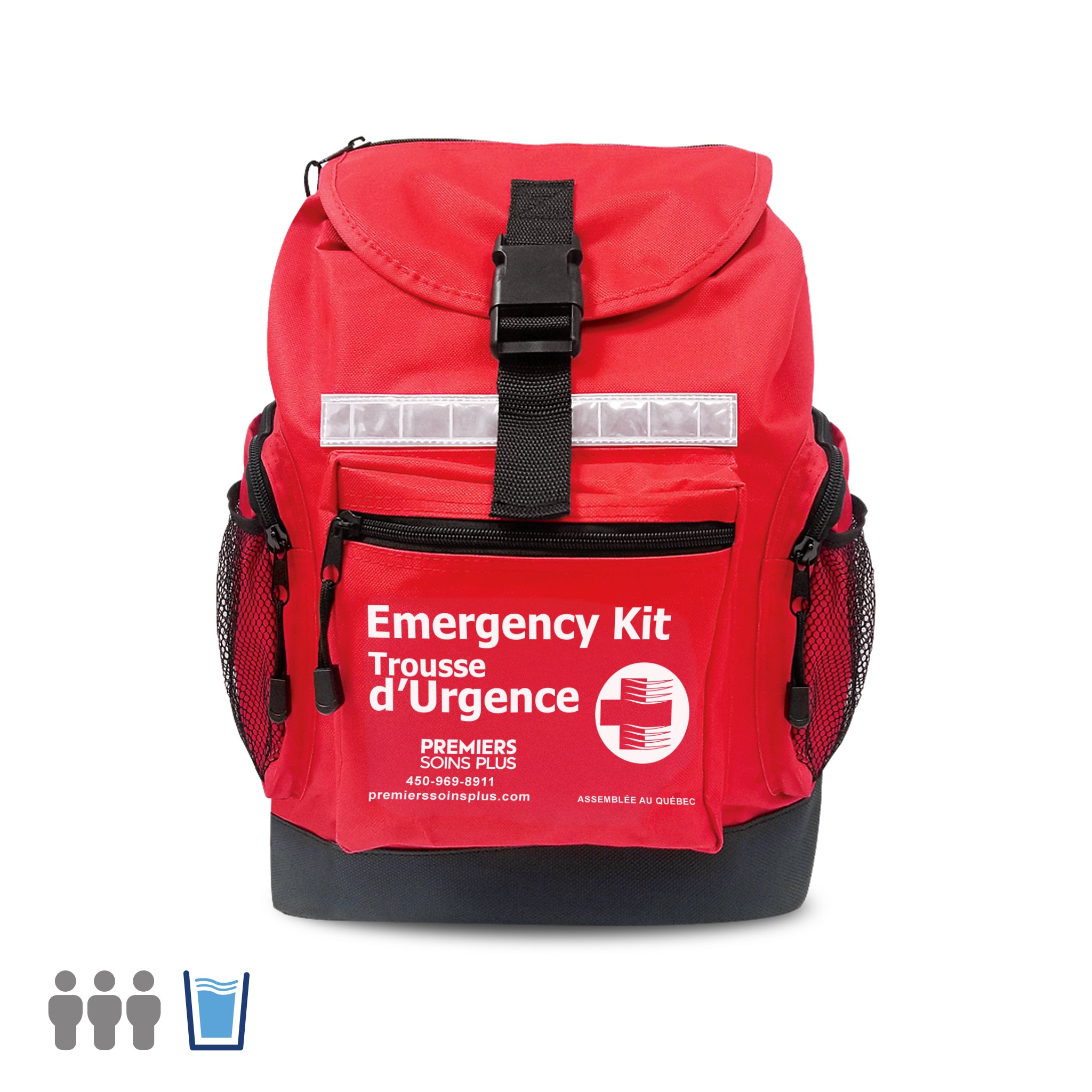 Trousse d'urgence pour 3 personnes, 72 heures, avec eau