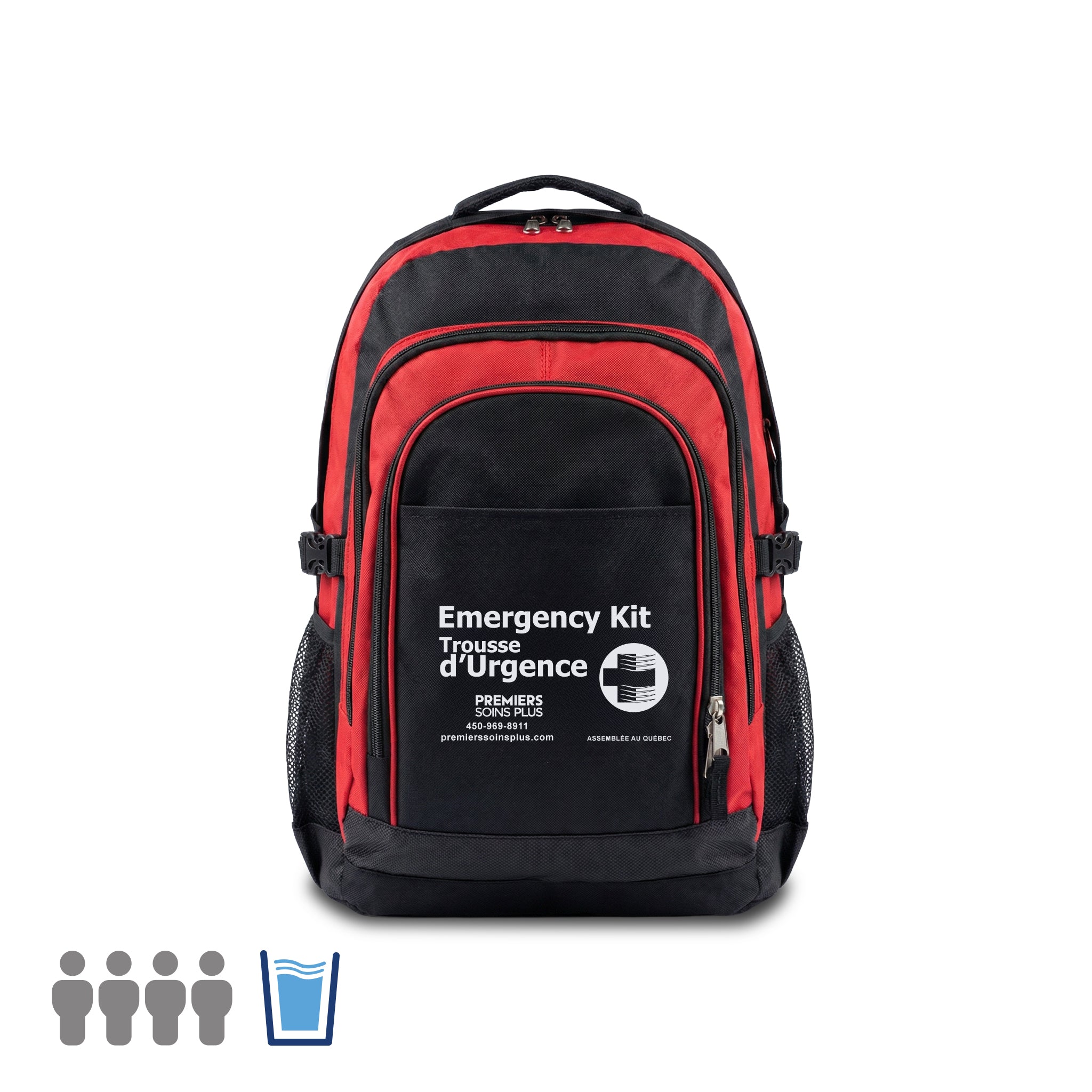 Trousse d'urgence pour 4 personnes, 72 heures, avec eau