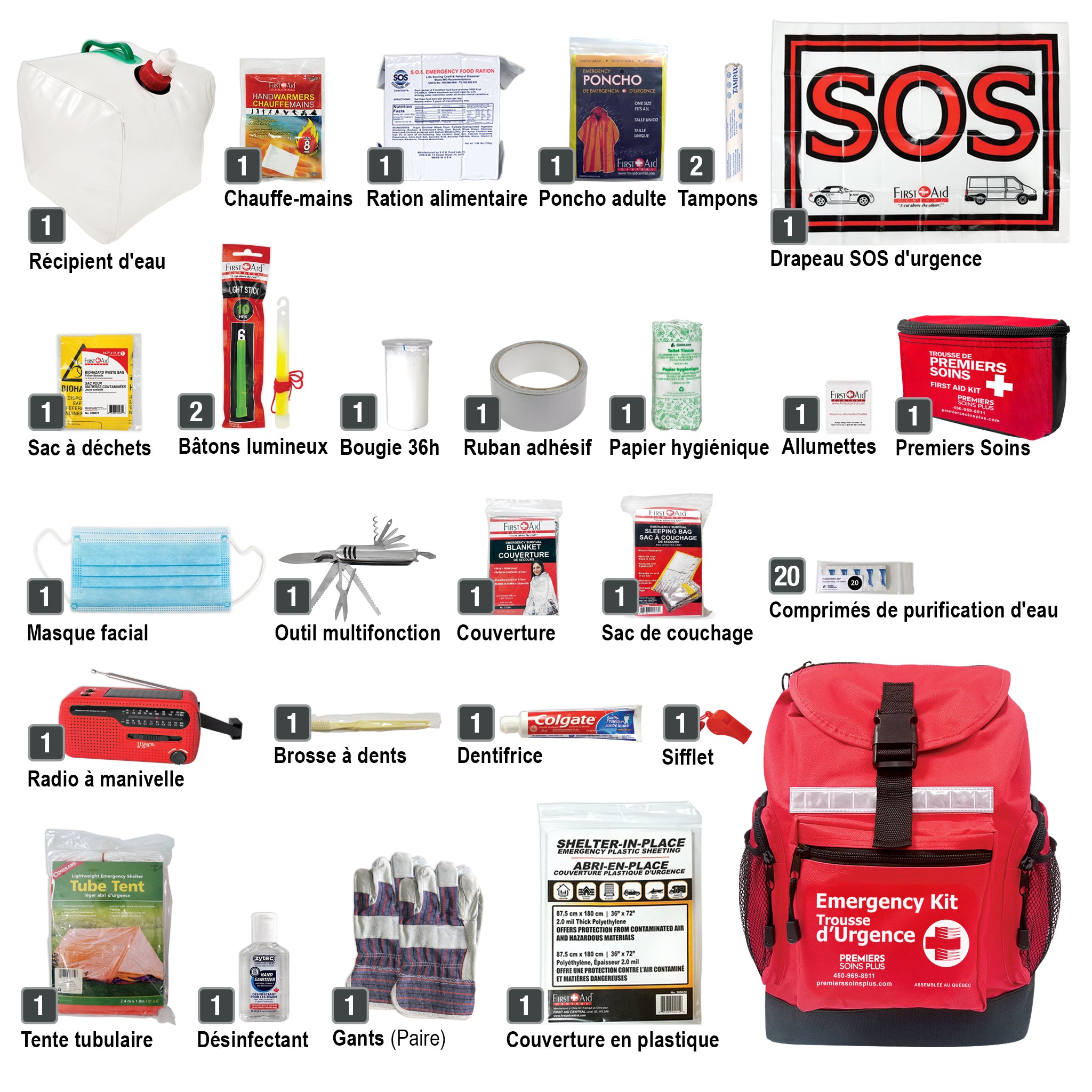 Trousse d'urgence deluxe pour 1 personne, 72 heures