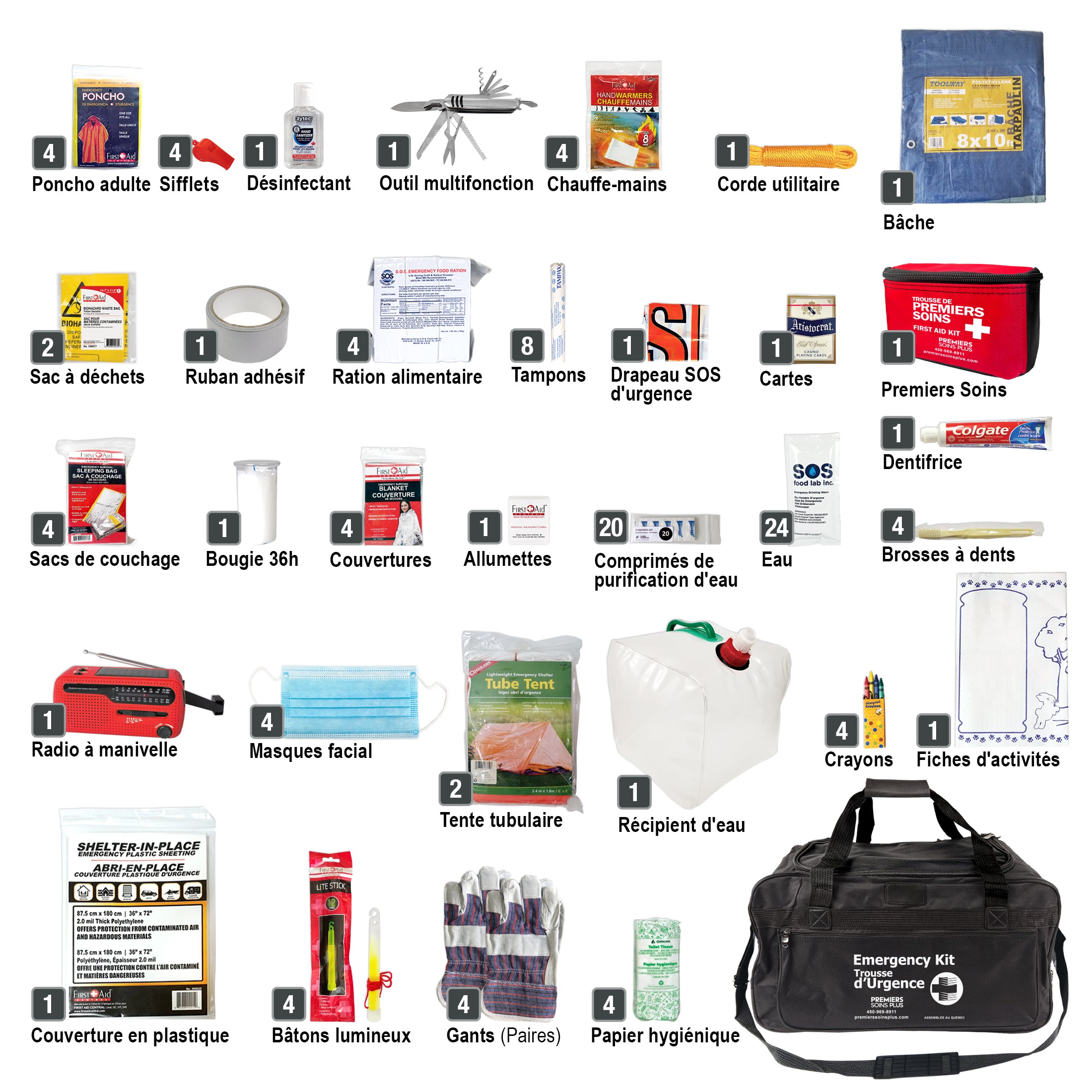 Trousse d'Urgence 72 heures - 4 personnes - Deluxe avec eau