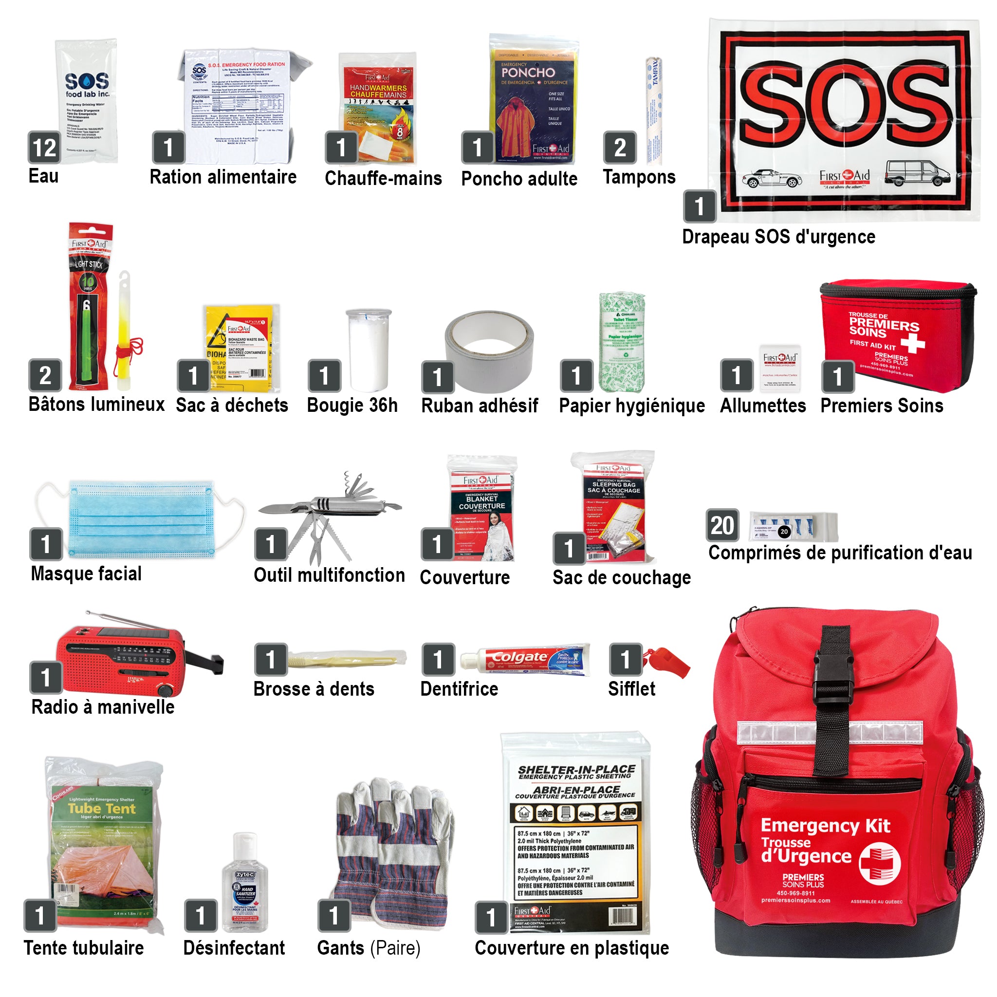 Trousse d'urgence deluxe pour 1 personne, 72 heures, avec eau