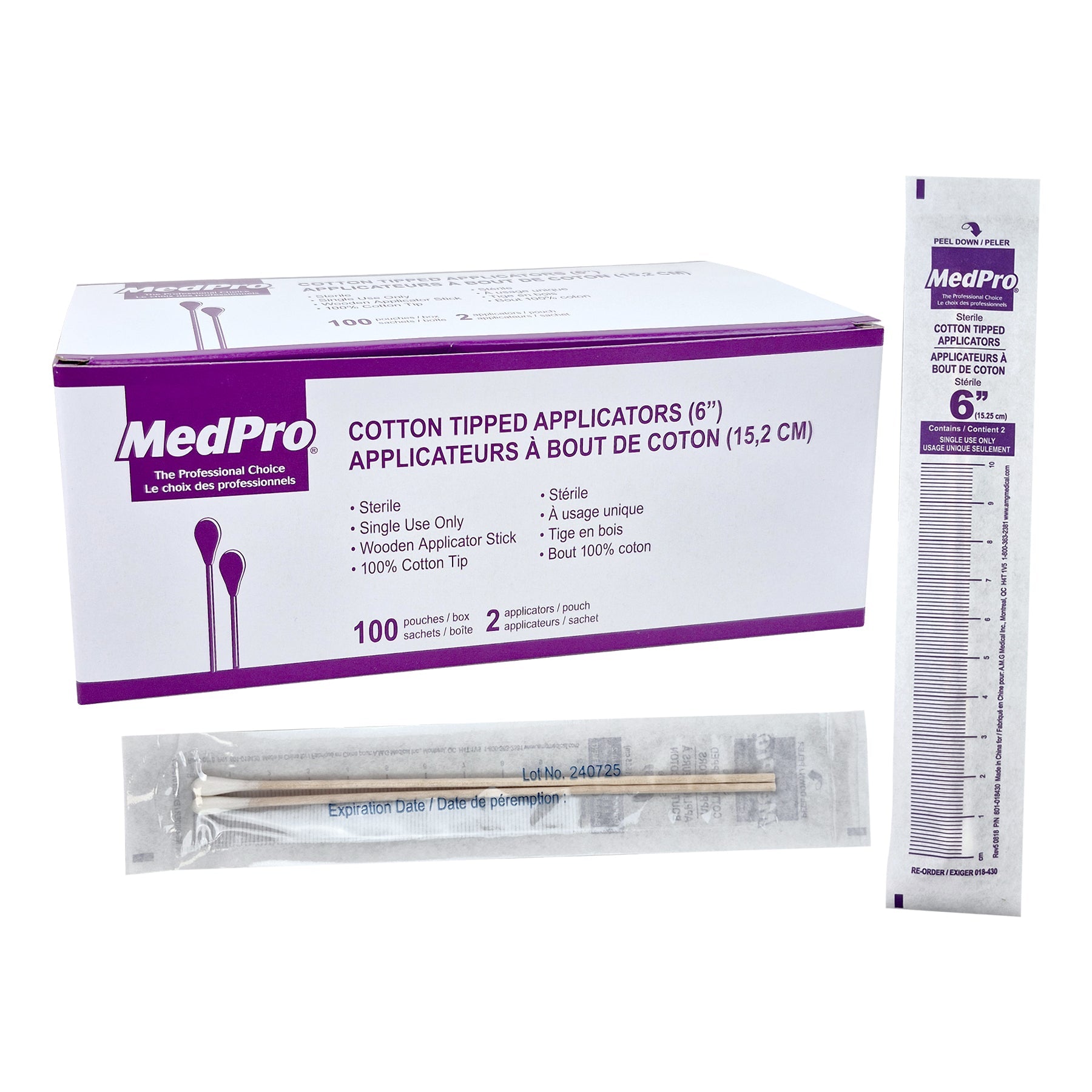 Appliqueurs en coton MedPro, stériles, 15,24 cm (6"), 2 pièces par paquet, boîte de 100