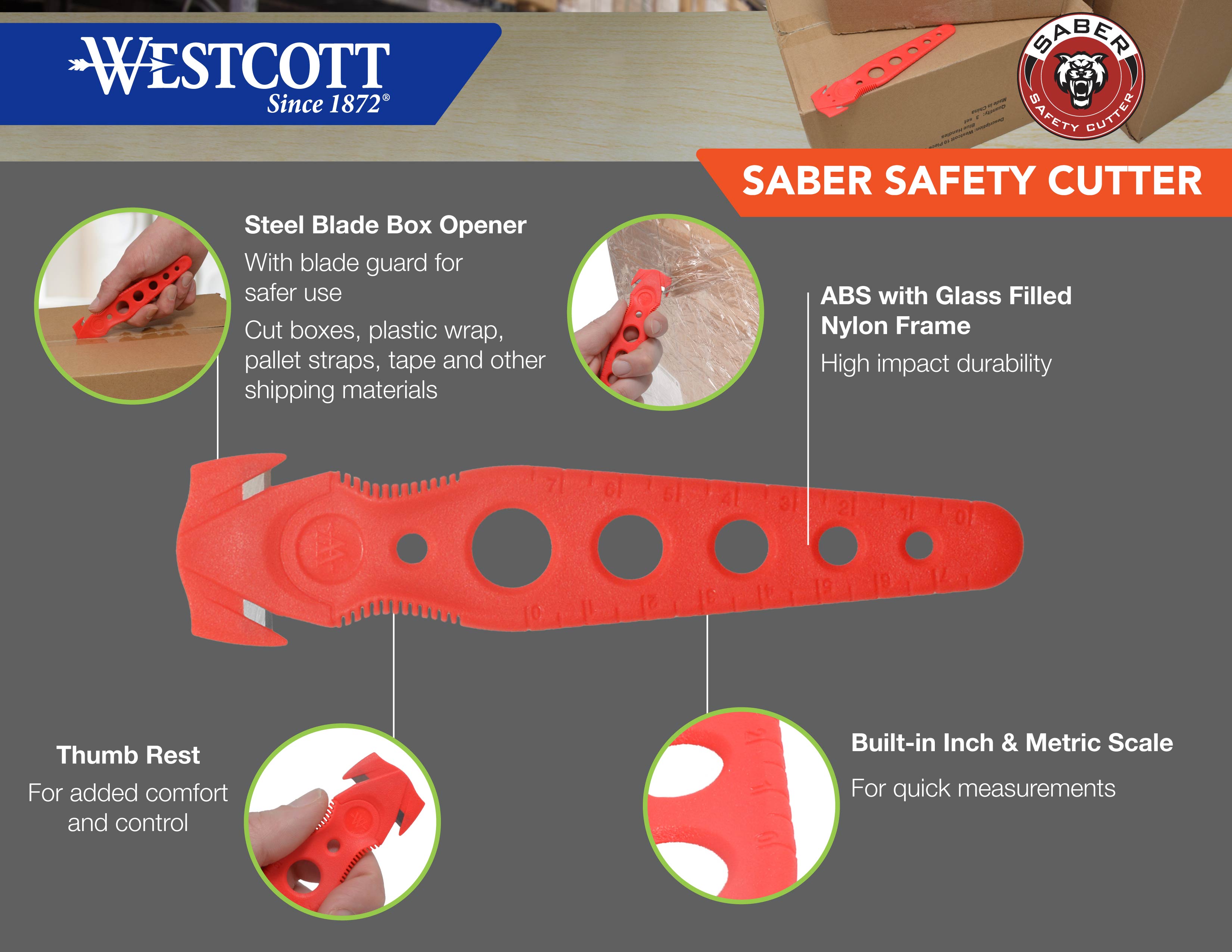 Couteau de sécurité Westcott Saber rouge, en vrac, Lot de 50