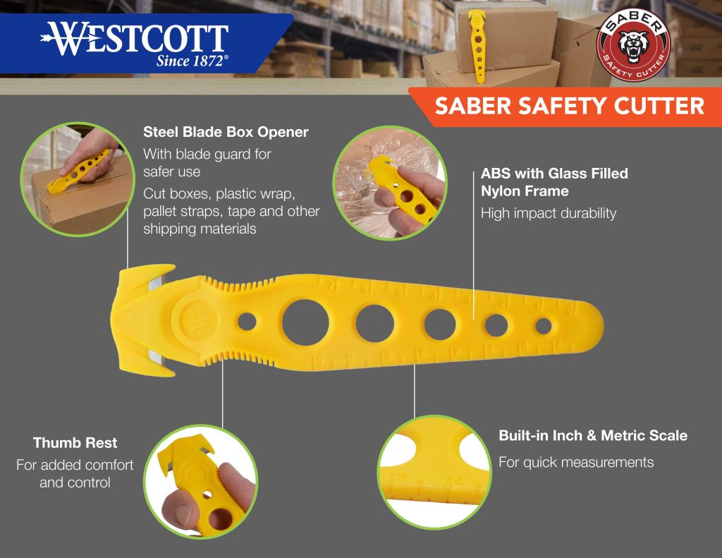 Couteau de sécurité Westcott Saber Jaune, en vrac, Lot de 50