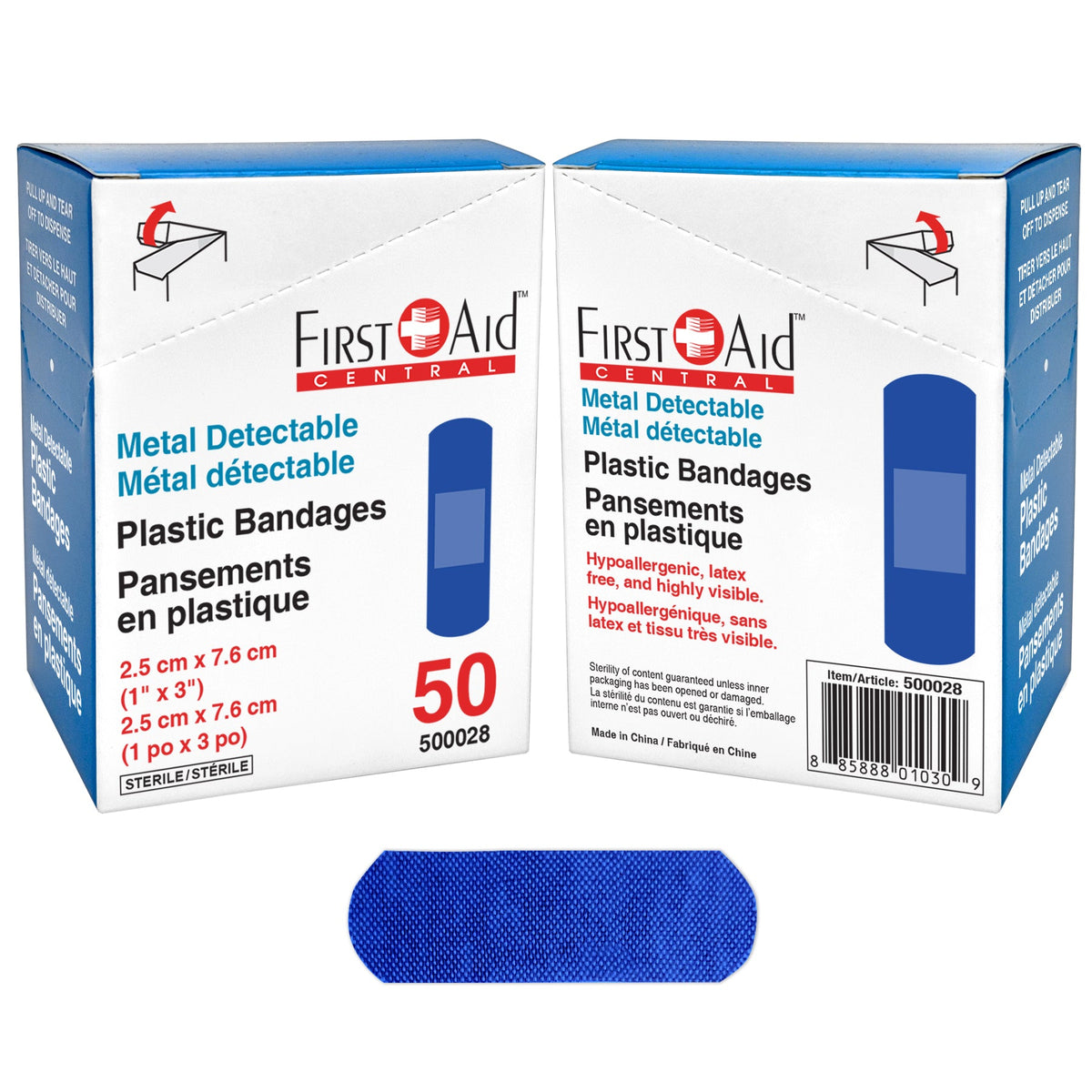 Pansements en plastique métal détectable, bleus, 1 po x 3 po, boîte de 50