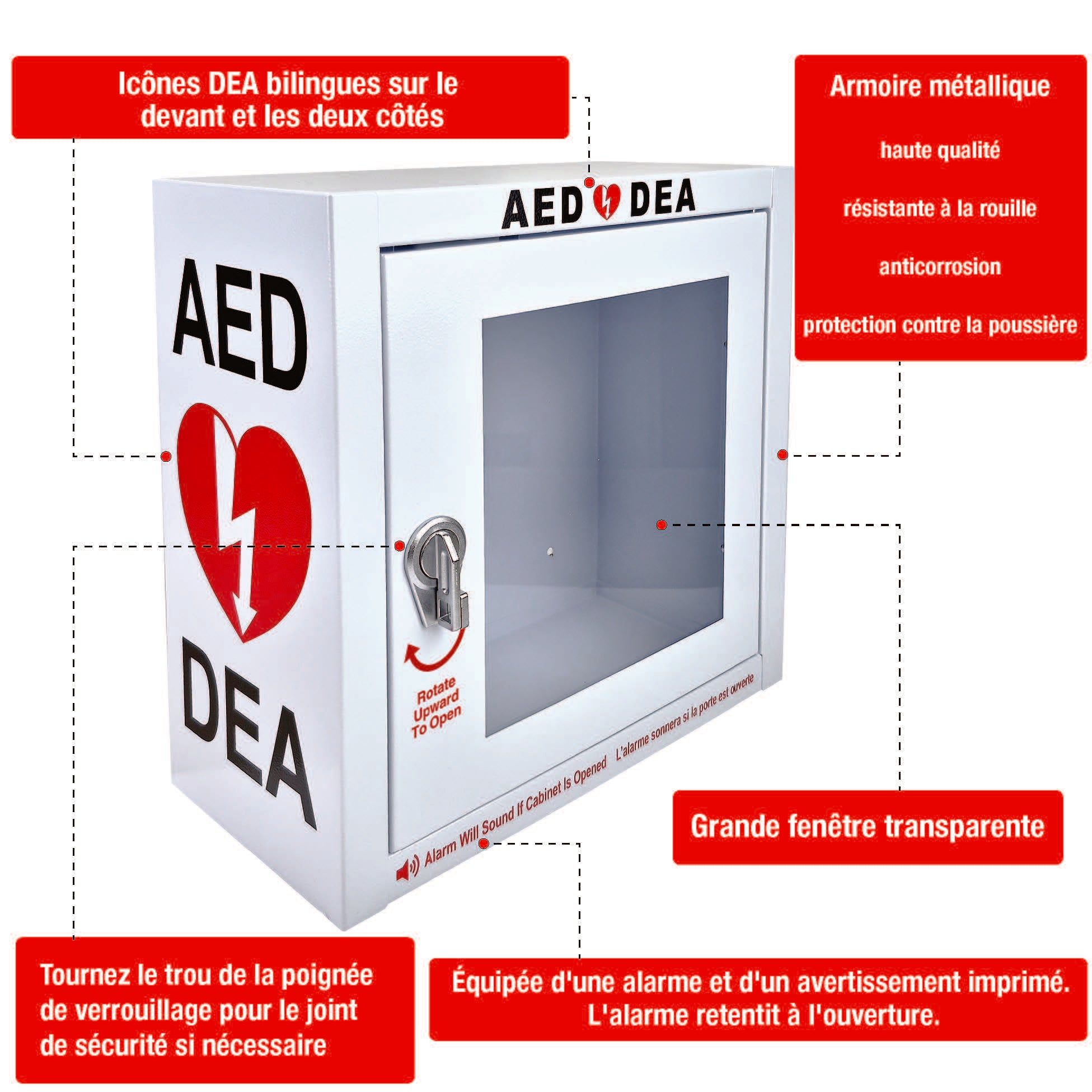Armoire murale pour DEA – Montage en surface avec alarme de porte 90 dB